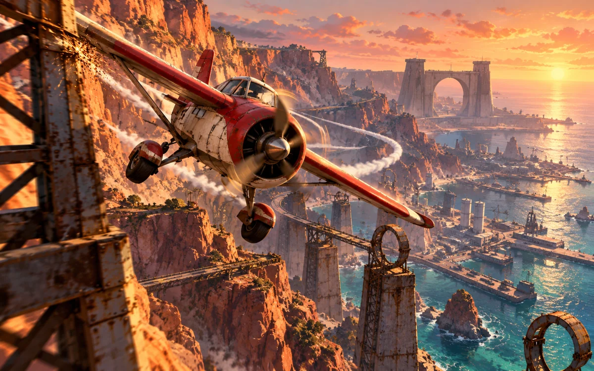 Original Jev Eleven concept artwork: a red-and-cream propeller plane banks past coastal cliffs, stone arches, and a sunlit harbor.