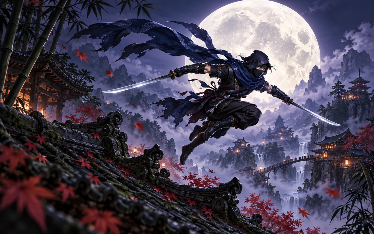 Original Moonlit Mile concept artwork: a small ninja with twin swords leaps across sweeping rooftops under an enormous blue moon.