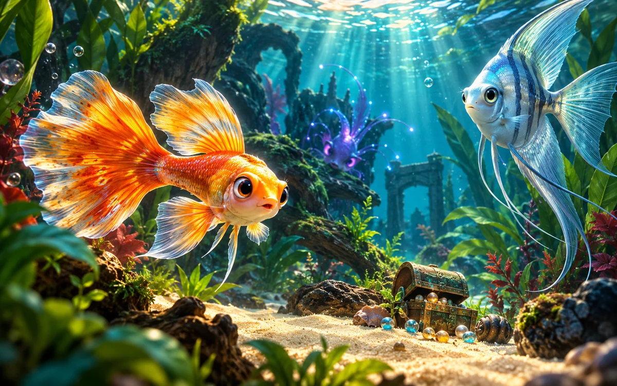 Original Oddwater concept artwork: jewel-colored fish swim through a luminous aquarium filled with coral and strange treasures.
