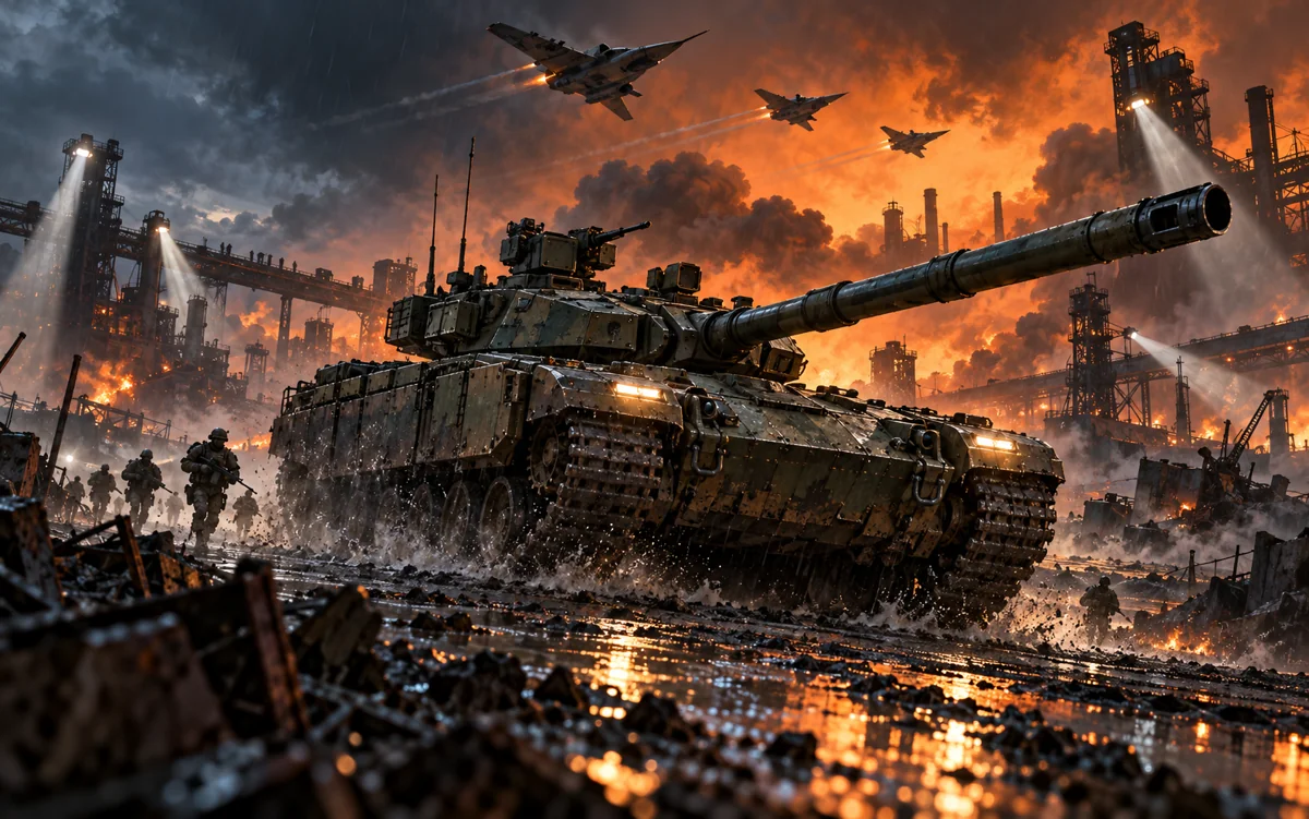 Original War Doctrine concept artwork: armored columns and aircraft advance through an ember-lit industrial battlefield.