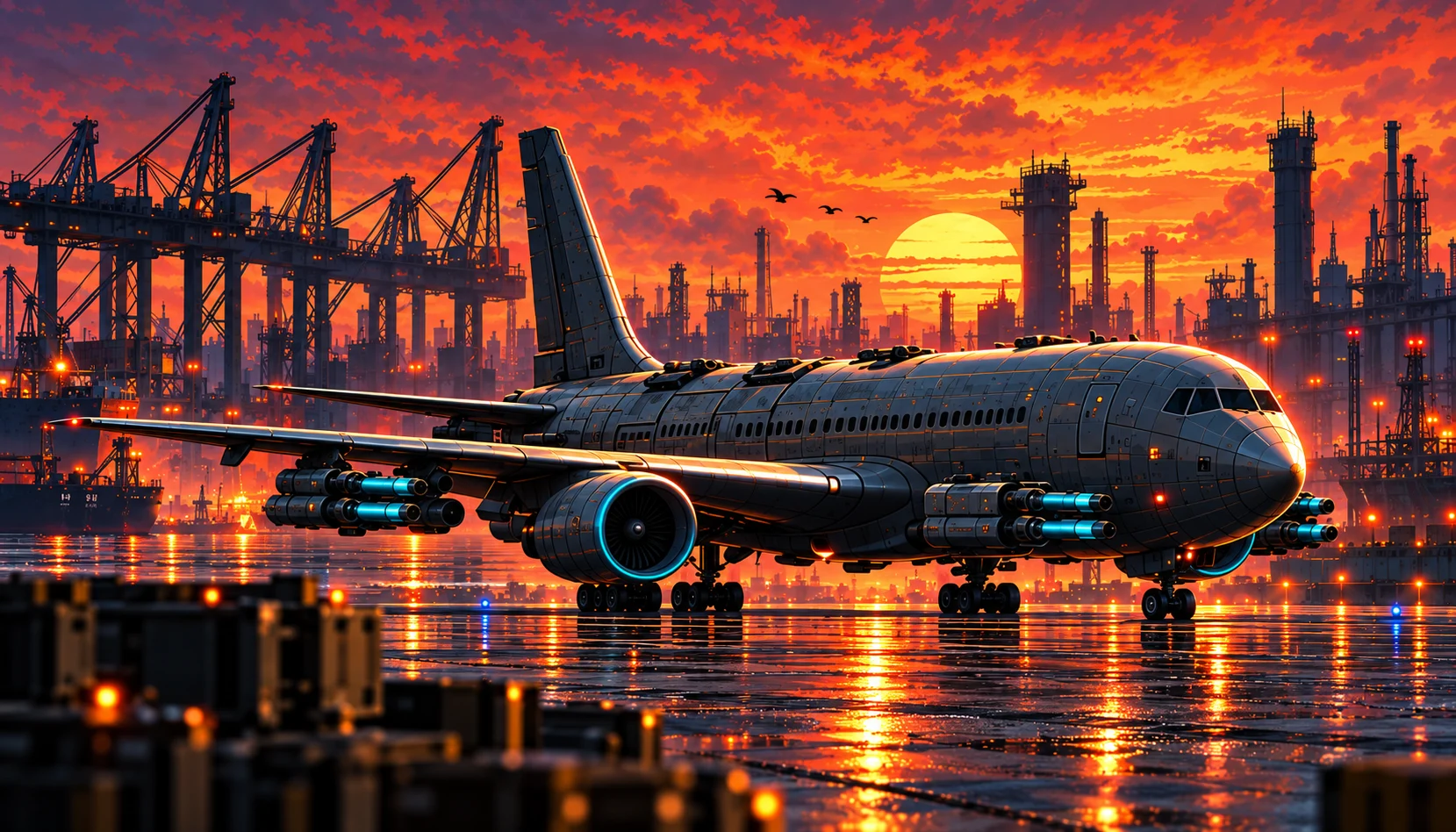 Promotional artwork of an armed aircraft at a harbor at sunset